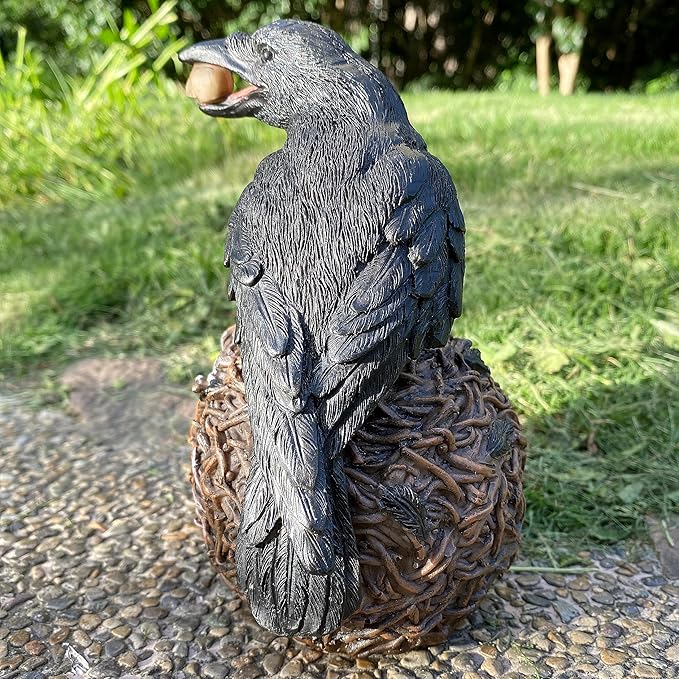 Halloween Decorative Black Crow On Withered Vine Skull Nest Teeming with Mini Skulls Statue Home Décor Gothic Raven Perching On Skeleton Figurine, Collectible Macabre Ossuary Sculpture