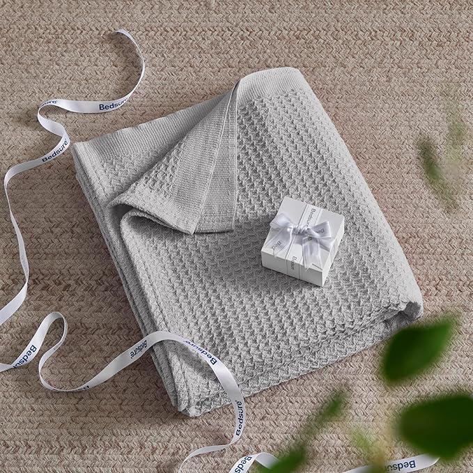 Bedsure Gentlesoft 100% Cotton Blanket Twin XL Size for College Dorm - Breathable and Soft, Waffle Weave Twin Blanket for Summer, Dorm Room Essentials, Grey, 66x90 inches