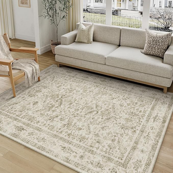 PureCozy Taupe 4x6 Entryway Rug Vintage Area Carpet Indoor Office Washable Door Mat Entrance Small Low Pile Traditional Distressed Retro Accent Throw Rug Non Slip Kitchen Bathroom