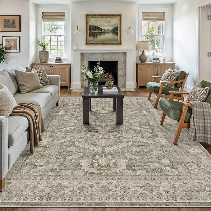 PureCozy Brown 6x9 Area Rug Vintage Washable Living Room Carpet Non Slip Bedroom Indoor Office Low Pile Large Traditional Distressed Retro Accent Rug for Dining Room Bathroom Kitchen