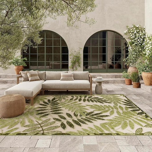 Nourison Home Aloha Ivory Green 6' x 9' Area Rug - Easy Clean, Non Shedding, Bed Room, Living Room, Dining Room, Kitchen (6' x 9')