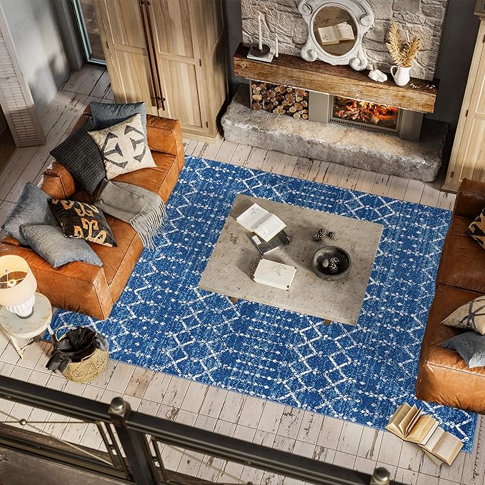 JONATHAN Y Boho Vintage Diamond Blue/White Indoor Area Rug 5X8 ft, Moroccan Hype for Living Room, Bedroom, Kitchen, Office, Easy-Cleaning, High Traffic, Pet-Friendly, Non-Shedding (MOH101A-5)