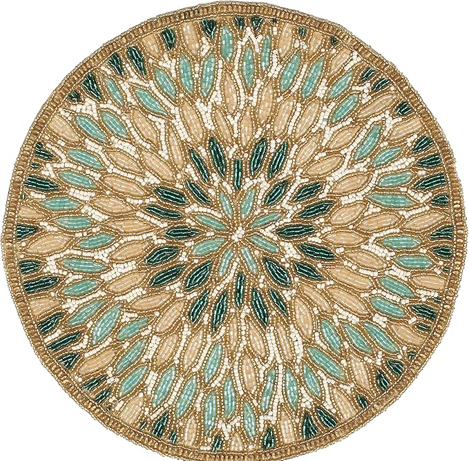 Beaded Placemats – 13'' Round Floral Marigold Design in Gold & Green, Decorative Beaded Charger for Dining Table, Perfect for Holidays & Christmas Bedding Craft