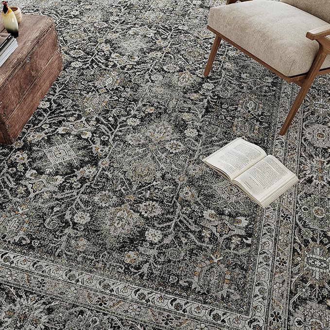 PureCozy Black Runner Rug 2x6 Vintage Area Carpet Hallway Long Indoor Kitchen Washable Living Room Low Pile Traditional Distressed Retro Accent Throw Rug Non Slip Laundry Bathroom Office Dining Room