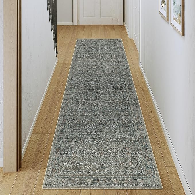 PureCozy Runner Rug 2x6 Gray Hallway Washable Kitchen Vintage Carpet Non Slip Long Indoor Bedroom Retro Traditional Grey Accent Throw Rug for Bathroom Office Entryway Laundry Dining