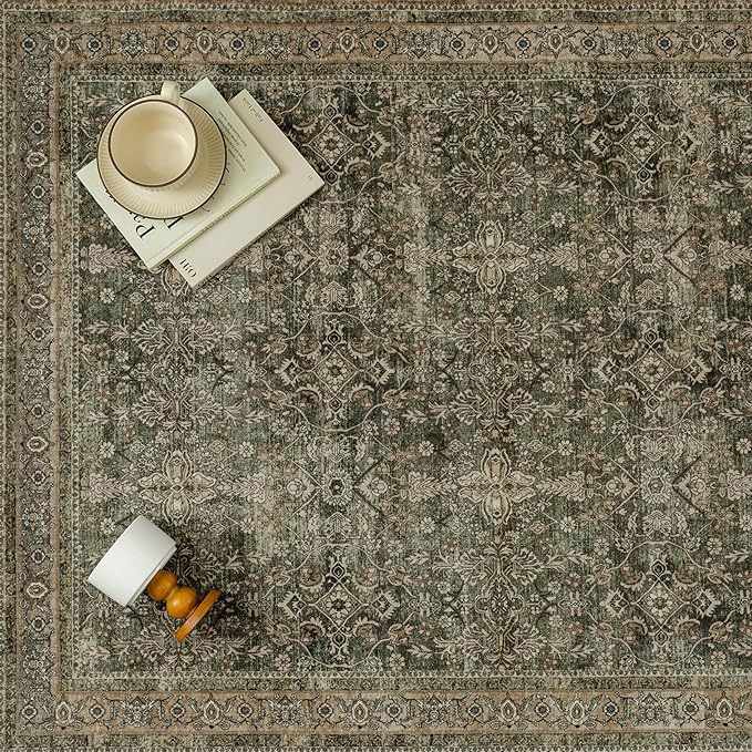 PureCozy 6x9 Area Rug for Living Room Green Brown Vintage Washable Bedroom Carpet Traditional Distressed Soft Non Slip Indoor Large Accent Rug Retro Thin Low Pile Floor Cover for Dining Room Playroom