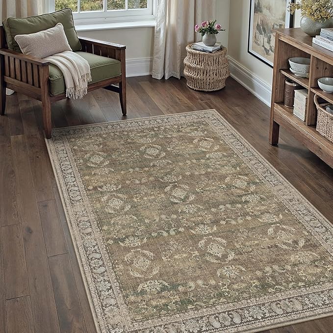 PureCozy 4x6 Brown Area Rug Washable Vintage Distressed Office Carpet Low Pile Entryway Non Slip Indoor Soft Retro Entrance Throw Accent Rug for Kitchen Bathroom Bedroom Dining Living Room