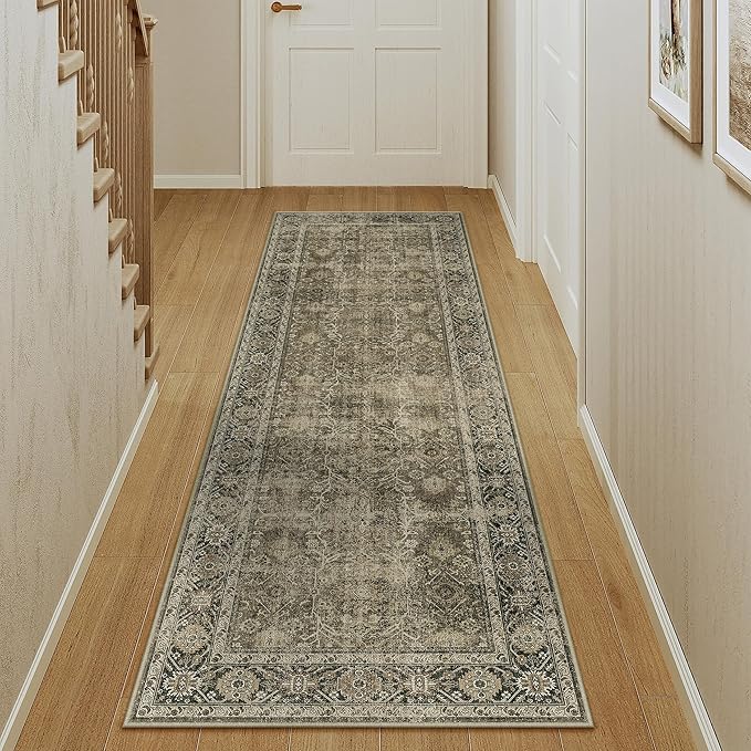 PureCozy Light Brown 2x6 Vintage Area Rug Hallway Indoor Kitchen Washable Living Room Carpet Tribal Distressed Rug Retro Accent Throw Rug for Office Dining Room Bathroom Faux Wool