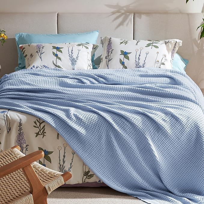 Bedsure Gentlesoft 100% Cotton Blanket King Size for Bed - Breathable and Soft for Spring Summer, Thick Cozy Waffle Weave Blanket Gifts for Women, Sky Blue, 104x90 inches