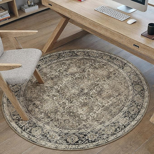 PureCozy Brown Round Area Rug 3ft Entryway 3x3 Circle Vintage Indoor Kitchen Washable Door Mat Living Room Carpet Non Slip Traditional Distressed Retro Accent Throw Rug Office Dining Room Bathroom