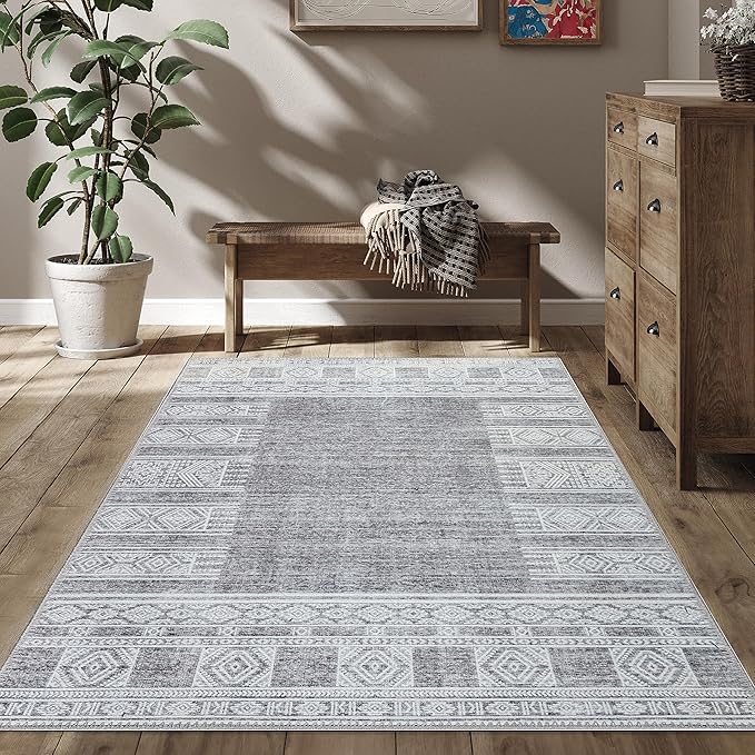 RugOver Machine Washable Area Rug, Pet-Friendly and Non-Slip Indoor Carpet for Kitchen, Bathroom, Living Room, Home Floor Decoration(Charcoal/White, 3' x 5')