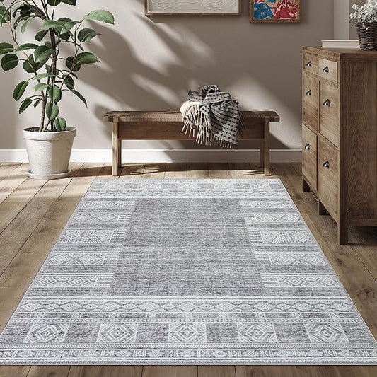RugOver Machine Washable Area Rug, Pet-Friendly and Non-Slip Indoor Carpet for Kitchen, Bathroom, Living Room, Home Floor Decoration(Charcoal/White, 3' x 5')