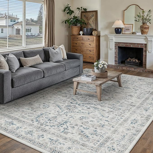 PureCozy Blue 5x7 Area Rug Vintage Washable Living Room Carpet Non Slip Bedroom Indoor Office Low Pile Traditional Distressed Retro Accent Rug for Dining Room Bathroom Kitchen
