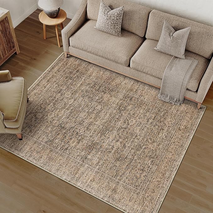 PureCozy 3x5 Area Rug Brown Machine Washable Entryway Office Vintage Distressed Non Slip Carpet Indoor Small Low Plie Thin Bedroom Kitchen Retro Accent Throw Rug Door Mat Entrance Bathroom Living Room