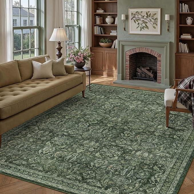 PureCozy Dark Green 8x10 Area Rug Washable Vintage Living Room Bedroom Carpet Indoor Large Non Slip Soft Low Pile Thin Rug Retro Accent Throw Office Dining Room