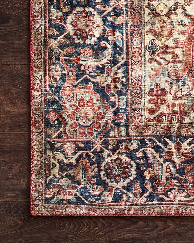 Loloi Layla Collection LAY-08 Red/Navy 2'-6" x 9'-6" .13" Thick Runner Rug, Soft, Durable, Vintage Inspired, Distressed, Low Pile, Non-Shedding, Easy Clean, Printed, Living Room Rug
