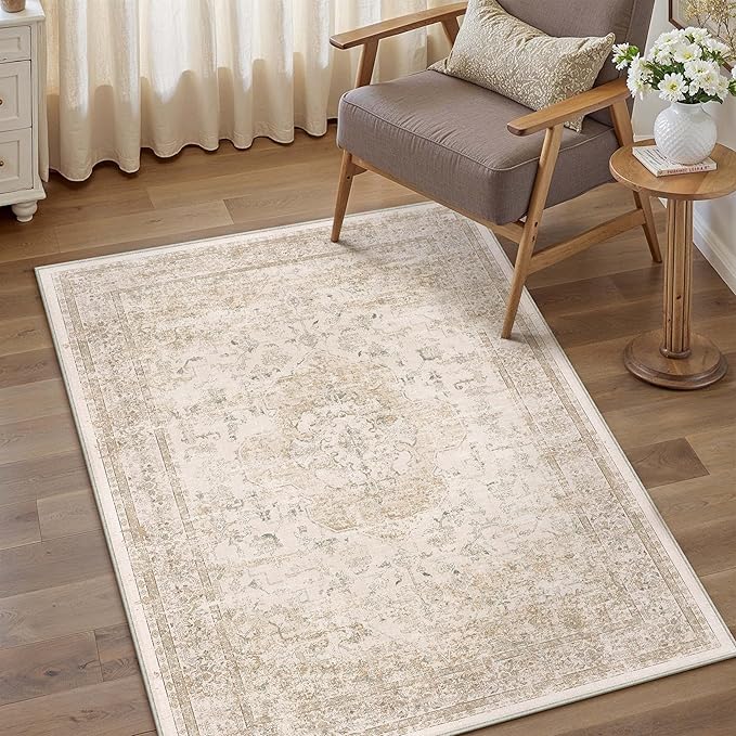 PureCozy Entryway Area Rug 3x5 Washable Beige Vintage Distressed Carpet Oriental Soft Thin Indoor Rug for Office Non Slip Low Pile Throw Rug for Kitchen Bathroom Bedroom Dining Living Room