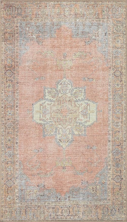 RugOver Machine Washable Area Rug, Pet-Friendly and Non-Slip Indoor Carpet for Kitchen, Bathroom, Living Room, Home Floor Decoration(Coral/Ice, 3' x 5')