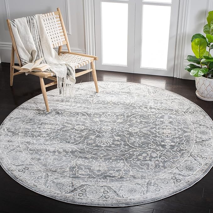 SAFAVIEH Isabella Collection Area Rug - 4' Round, Grey & Dark Grey, Oriental Design, Non-Shedding & Easy Care, Ideal for High Traffic Areas in Living Room, Bedroom (ISA912H)