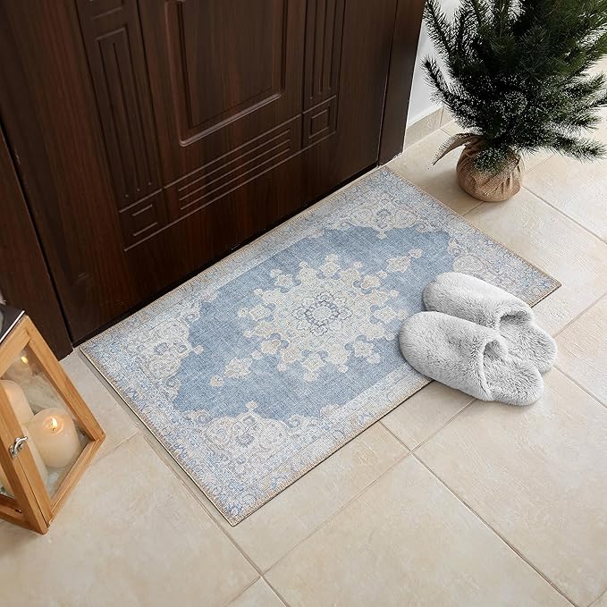 RugOver Machine Washable Area Rug, Pet-Friendly and Non-Slip Indoor Carpet for Kitchen, Bathroom, Living Room, Home Floor Decoration (Blue Jean/Peanut, 2' x 3')