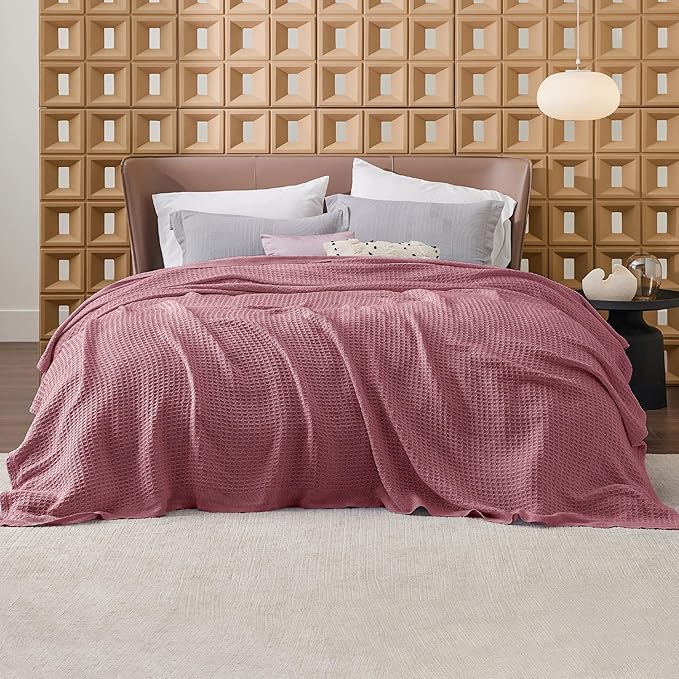 Bedsure Gentlesoft 100% Cotton Blanket Queen Size for Bed - Breathable and Soft for Spring Summer, Thick Cozy Waffle Weave Blanket Gifts for Women, Dusty Rose, 90x90 Inches