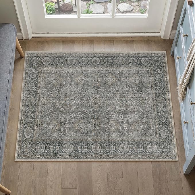 PureCozy Grey Brown Entryway Rug 2x3 Vintage Area Carpet Indoor Kitchen Washable Door Mat Living Room Entrance Small Low Pile Traditional Distressed Retro Accent Throw Rug Non Slip Office Bathroom