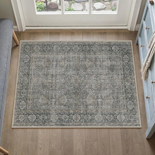 PureCozy Grey Brown Entryway Rug 2x3 Vintage Area Carpet Indoor Kitchen Washable Door Mat Living Room Entrance Small Low Pile Traditional Distressed Retro Accent Throw Rug Non Slip Office Bathroom