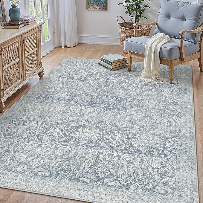PureCozy Blue 4x6 Area Rug Washable Entryway Office Vintage Carpet Indoor Non Slip Small Low Plie Thin Bedroom Kitchen Rug Retro Accent Throw Living Dining Room Bathroom