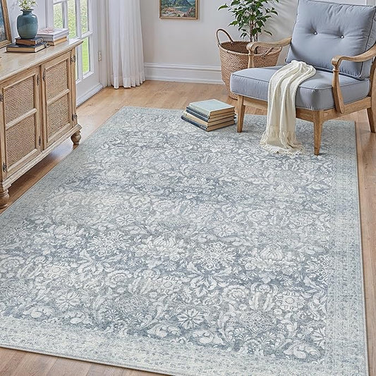 PureCozy Blue 3x5 Area Rug Washable Entryway Office Vintage Carpet Indoor Non Slip Small Low Plie Thin Bedroom Kitchen Rug Retro Accent Throw Living Dining Room Bathroom