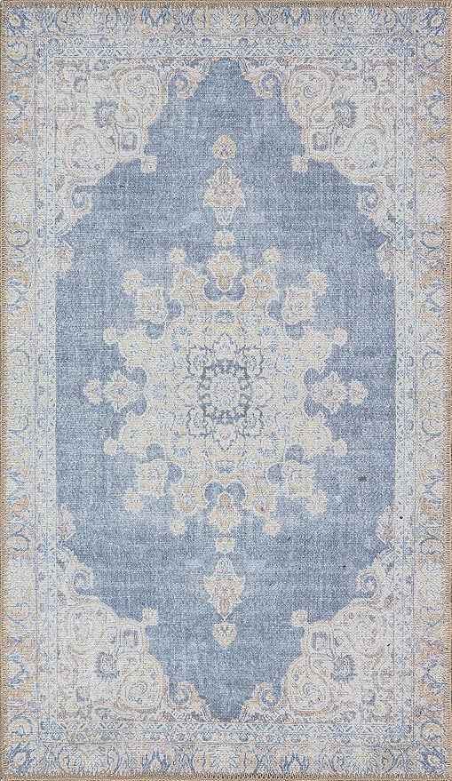 RugOver Machine Washable Area Rug, Pet-Friendly and Non-Slip Indoor Carpet for Kitchen, Bathroom, Living Room, Home Floor Decoration(Blue Jean/Peanut, 3' x 5')