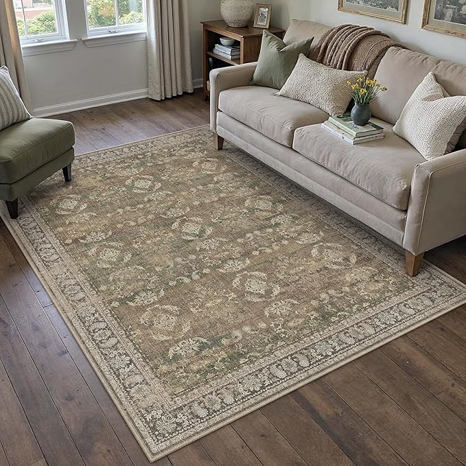 PureCozy 4x6 Brown Area Rug Washable Vintage Distressed Office Carpet Low Pile Entryway Non Slip Indoor Soft Retro Entrance Throw Accent Rug for Kitchen Bathroom Bedroom Dining Living Room