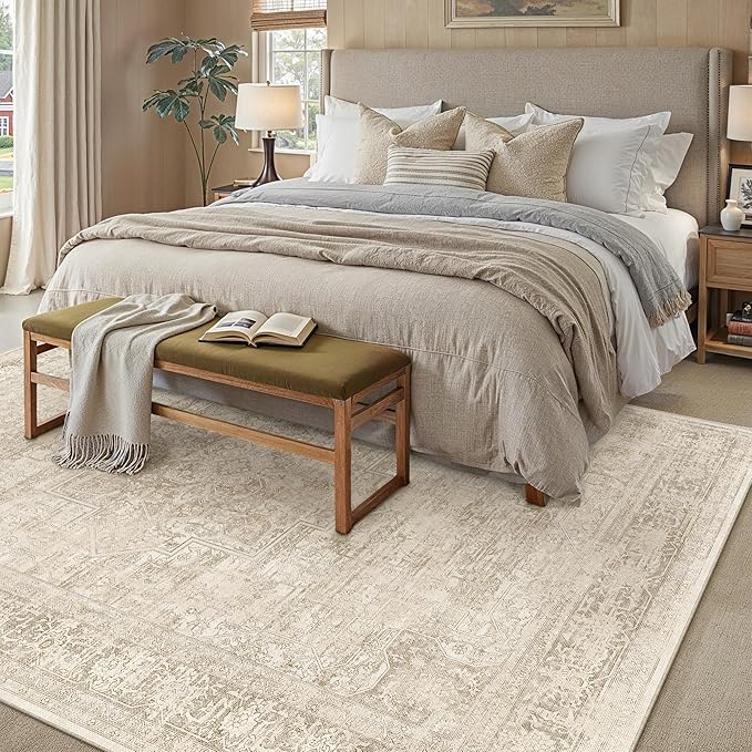 PureCozy 6x9 Area Rug Washable Living Room Bedroom Carpet Vintage Distressed Large Non Slip Low Pile Thin Cream Beige Dining Room Office Medallion Accent Throw Rug
