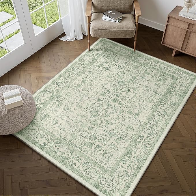 PureCozy Sage Green Area Rug 3x4 Washable Office Entryway Carpet Vintage Distressed Non Slip Kitchen Indoor Entry Neutral Low Pile Retro Floral Farmhouse Throw Mat for Laundry Dining Room Bedroom