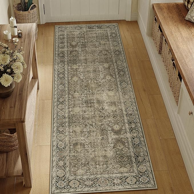 PureCozy Light Brown 2x6 Vintage Area Rug Hallway Indoor Kitchen Washable Living Room Carpet Tribal Distressed Rug Retro Accent Throw Rug for Office Dining Room Bathroom Faux Wool