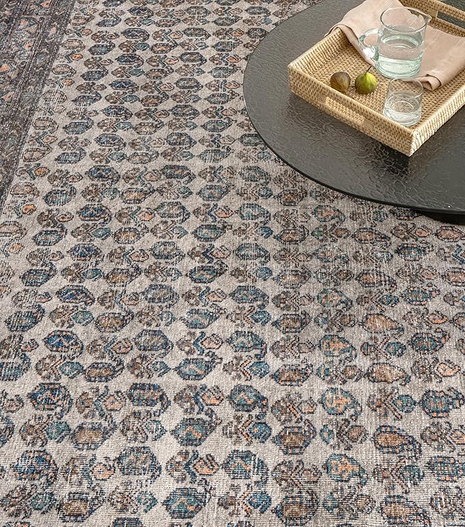 Teal & Orange Lattice Vintage Oriental Low Pile Runner Rug in Ivory with Rust Accents – 2’6" x 8’ Runner Rug for Entryway, Kitchen, Hallway, Bedroom – Durable, Easy to Clean, Pet & Kid Friendly