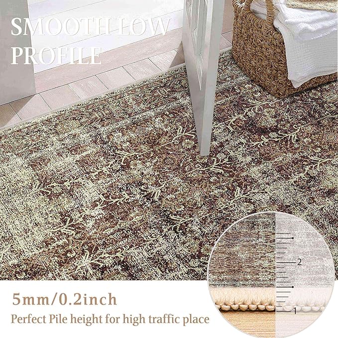 PureCozy Vintage Area Rug 5x7 Rust Red Washable Living Room Large Carpet Non Slip Bedroom Indoor Office Low Pile Traditional Distressed Retro Accent Rug for Dining Room Bathroom Kitchen
