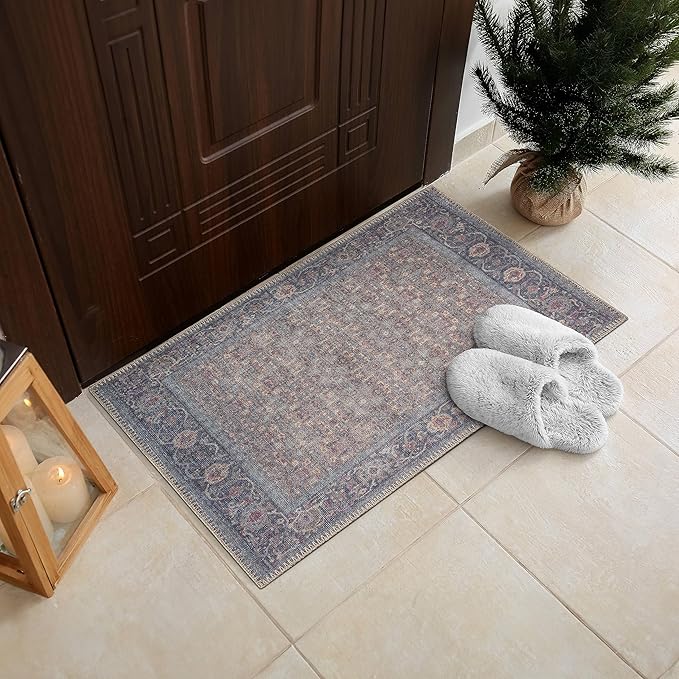 RugOver Machine Washable Area Rug, Pet-Friendly and Non-Slip Indoor Carpet for Kitchen, Bathroom, Living Room, Home Floor Decoration(Denim/Eggnog, 2' x 3')