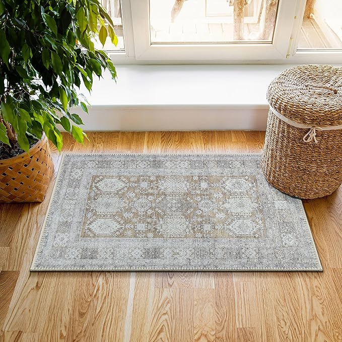 RugOver Machine Washable Area Rug, Pet-Friendly and Non-Slip Indoor Carpet for Kitchen, Bathroom, Living Room, Home Floor Decoration(Ivory/Walnut, 2' x 3')