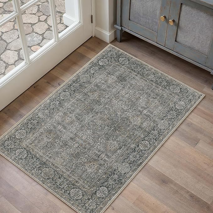 PureCozy Grey Brown Entryway Rug 2x3 Vintage Area Carpet Indoor Kitchen Washable Door Mat Living Room Entrance Small Low Pile Traditional Distressed Retro Accent Throw Rug Non Slip Office Bathroom