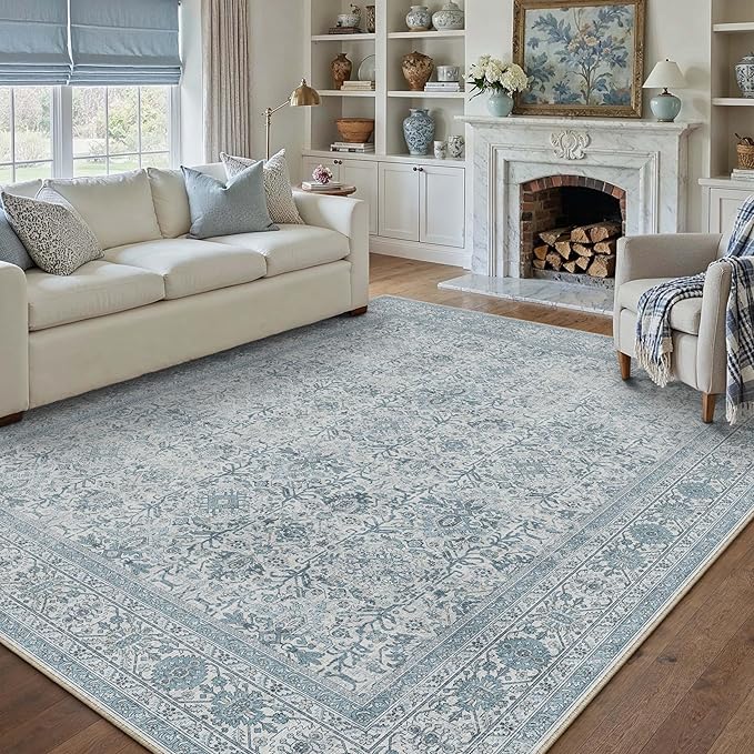 PureCozy Area Rug 6x9 Blue Washable Living Room Carpet Soft Non Slip Vintage Bedroom Indoor Office Traditional Retro Distressed Large Thicker Throw Rug for Dining Room Kitchen Playroom