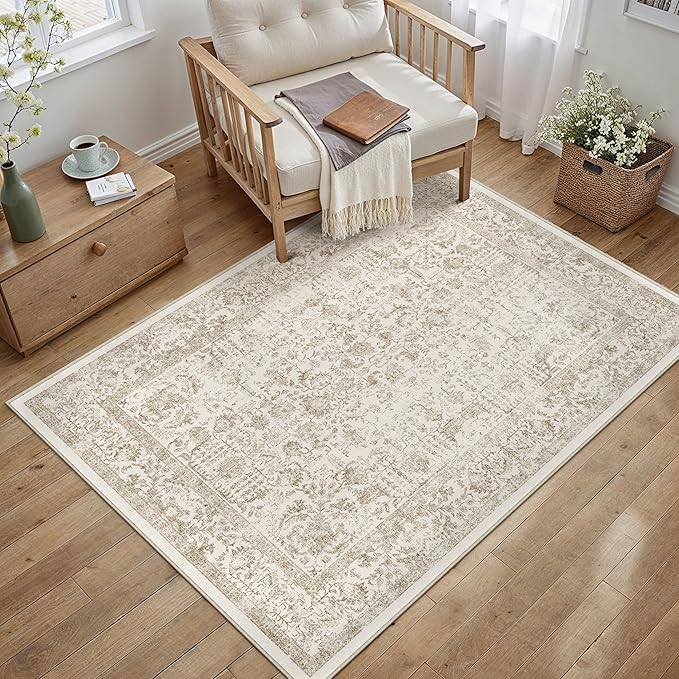 PureCozy Light Brown Area Rug 3x4 Office Entryway Rug Machine Washable Kitchen Vintage Distressed Non Slip Carpet Indoor Retro Floral Accent Throw Door Mat for Bathroom Bedroom Dining Living Room