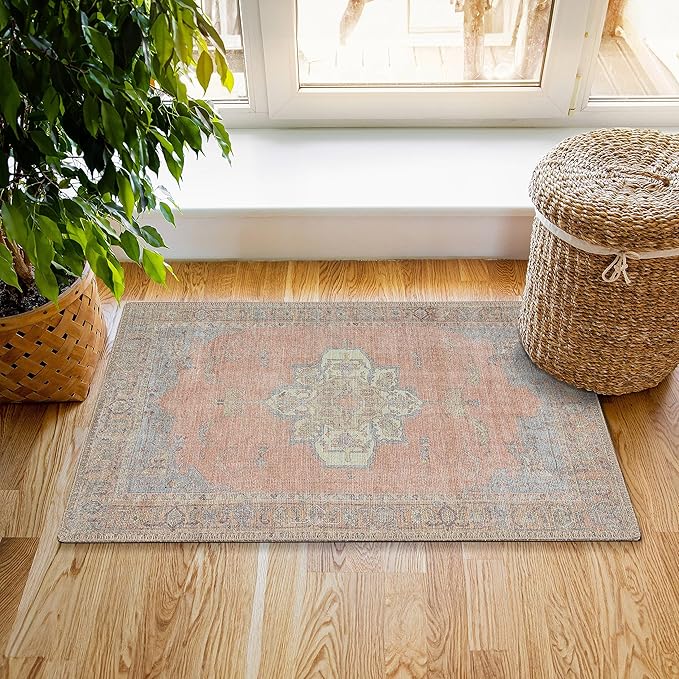 RugOver Machine Washable Area Rug, Pet-Friendly and Non-Slip Indoor Carpet for Kitchen, Bathroom, Living Room, Home Floor Decoration(Coral/Ice, 2' x 3')