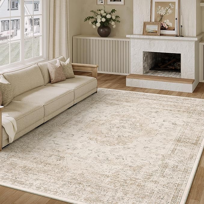 PureCozy 8x10 Washable Area Rug Beige Vintage Distressed Large Rug for Living Room Oriental Soft Thin Indoor Retro Carpet Non Slip Low Pile Floor Cover for Bedroom Dining Room Office Nursery