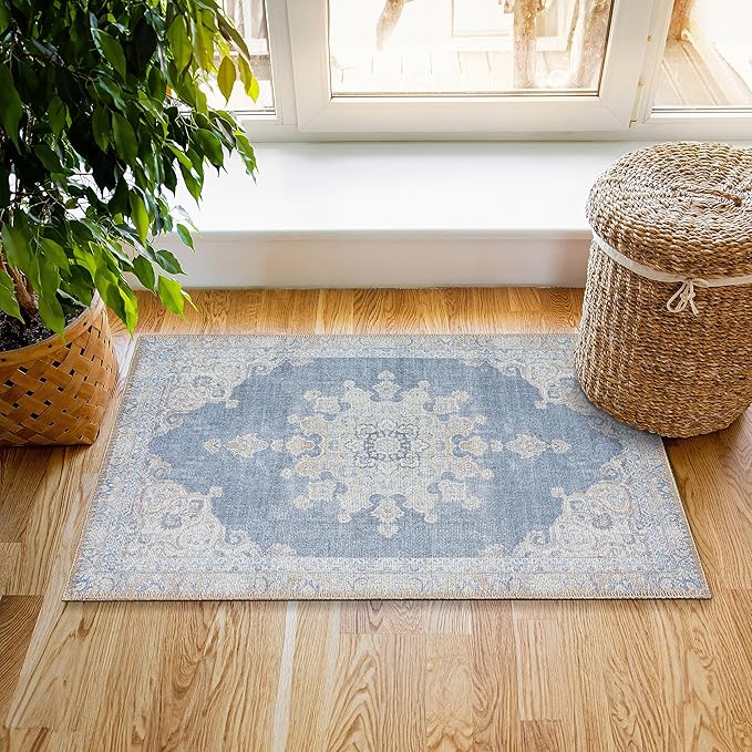 RugOver Machine Washable Area Rug, Pet-Friendly and Non-Slip Indoor Carpet for Kitchen, Bathroom, Living Room, Home Floor Decoration (Blue Jean/Peanut, 2' x 3')
