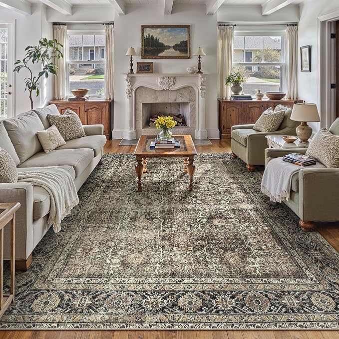 PureCozy Vintage Area Rug 5x7 Brown Washable Living Room Large Carpet Non Slip Bedroom Indoor Office Low Pile Traditional Distressed Retro Accent Rug for Dining Room Bathroom Kitchen