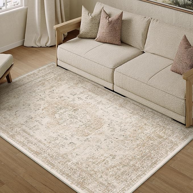 PureCozy 4x6 Washable Area Rug Beige Vintage Distressed Rug for Office Oriental Soft Thin Indoor Retro Carpet Non Slip Low Pile Floor Cover for Living Ding Room Bedroom Laundry