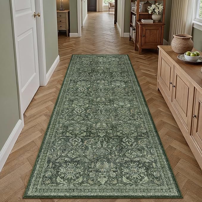 PureCozy Dark Green 2x6 Runner Rug Washable Hallway Kitchen Vintage Carpet Indoor Non Slip Small Low Plie Thin Bedroom Bathroom Rug Retro Accent Throw Dining Living Room