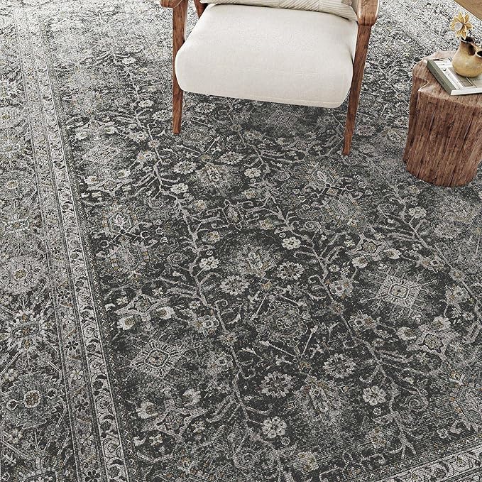 PureCozy Black Runner Rug 2'6"x12' Vintage Area Carpet Hallway Long Indoor Kitchen Washable Living Room Low Pile Traditional Distressed Retro Accent Rug Non Slip Laundry Bathroom Office Dining Room