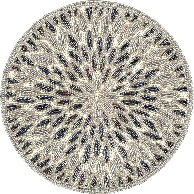Beaded Charger 13" Round Floral Marigold - Silver Dark Grey Placemat for Dining Table, Holiday & Christmas