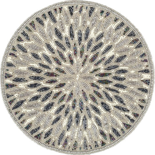 Beaded Charger 13" Round Floral Marigold - Silver Dark Grey Placemat for Dining Table, Holiday & Christmas